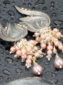  Art Nouveau - Vintage glass Japanese pearls 1950 Roseline, Clip backs