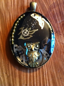 Resin Art Steampunk Owl and Moon Pendant